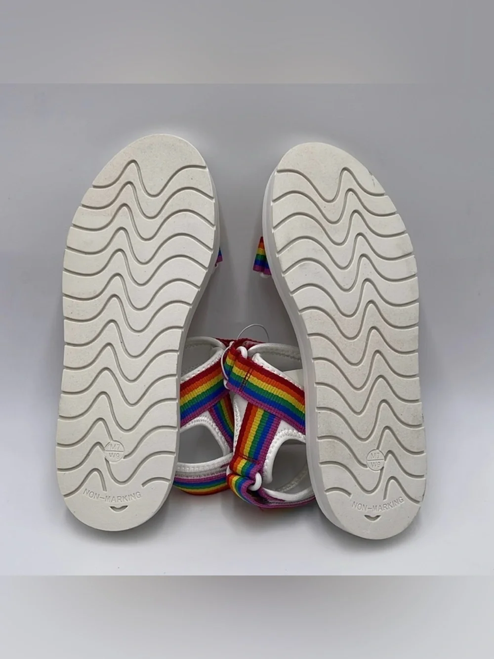 NWT Striped Rainbow Adjustable Strap White Sandals - Size W9/M7